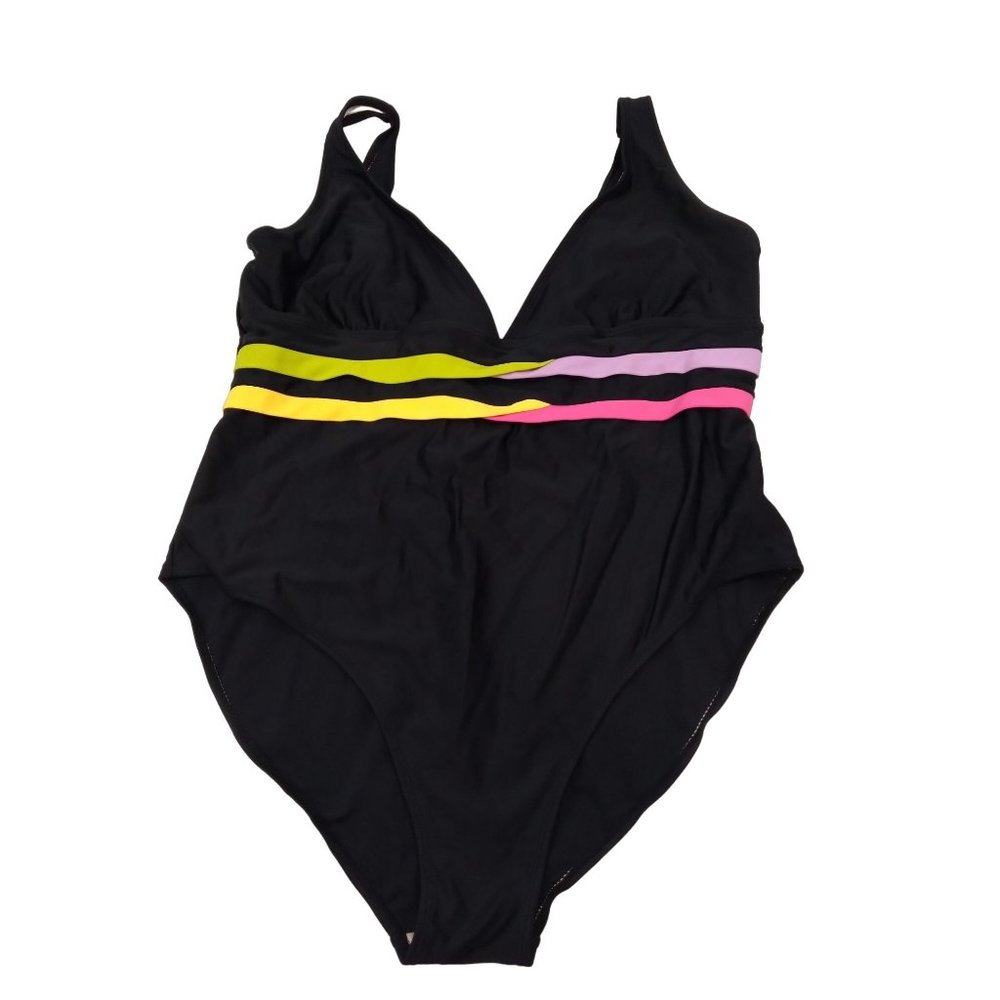 Ibiza Swimwear retro One Piece Swimsuit Black multi Pastel V Neck Scoop Back XL